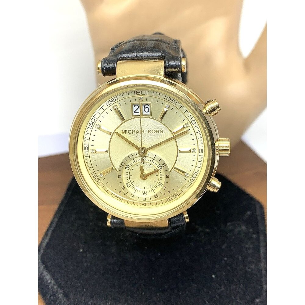 Michael Kors Women's Watch MK2433 Sawyer Quartz Gold Black Leather Band 39mm